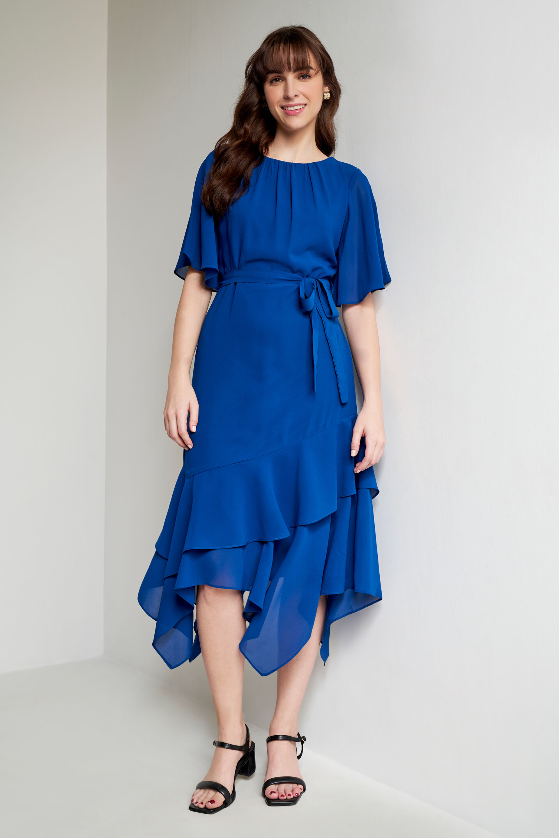 Navy Solid Asymmetric Dress, Navy Blue, image 1