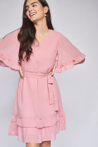 2 - Pink Solid Fit & Flare Dress, image 2