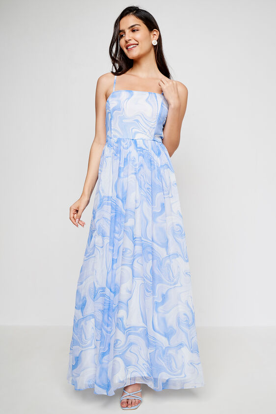 Blue and White Abstract Flared Gown, Blue, image 3