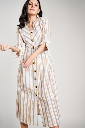 3 - Cream Stripes V-Neck Fit and Flare Cuff Midi Dress, image 3