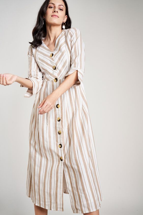 3 - Cream Stripes V-Neck Fit and Flare Cuff Midi Dress, image 3