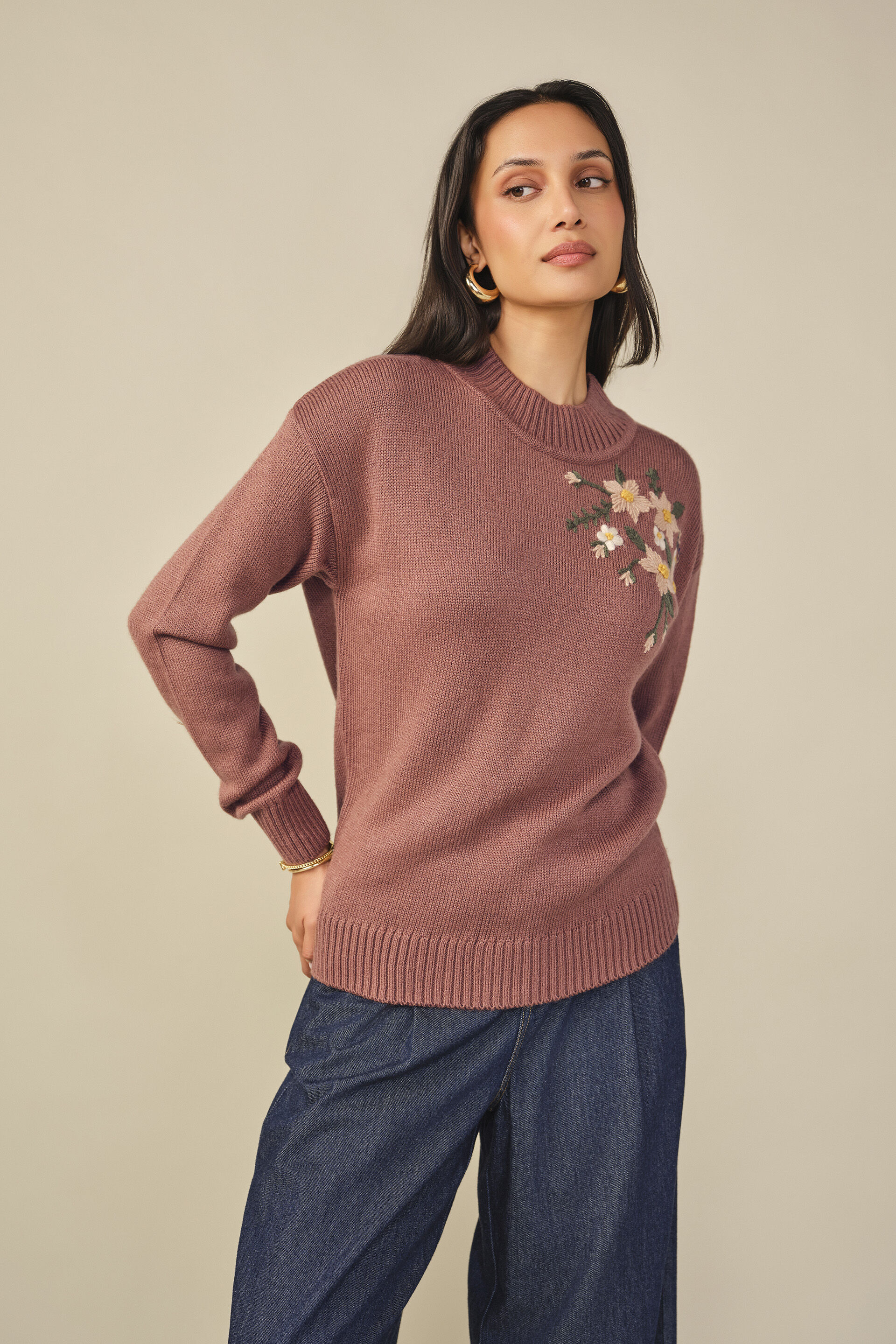 Embroidered Cotton Sweater in Brown