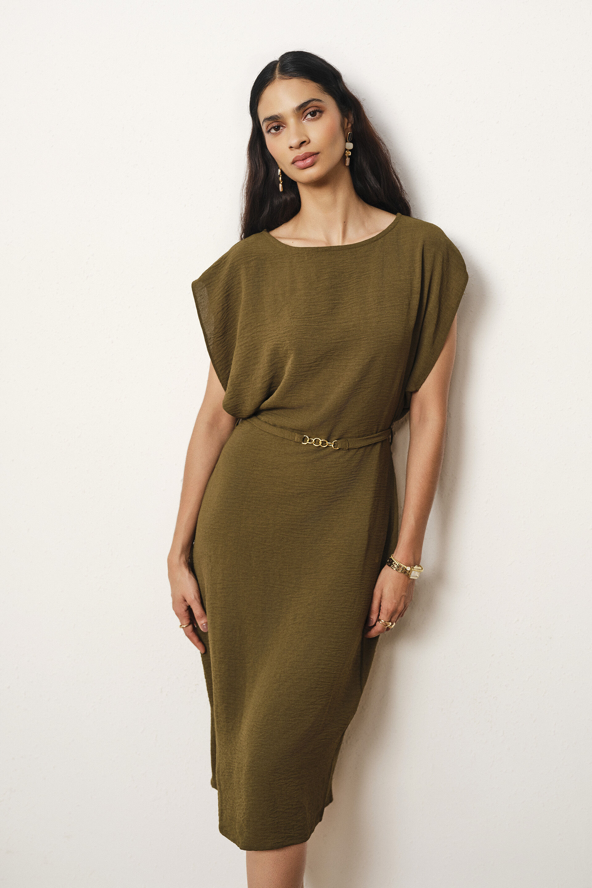 Solid Midi Dress in Olive, Olive, image 4