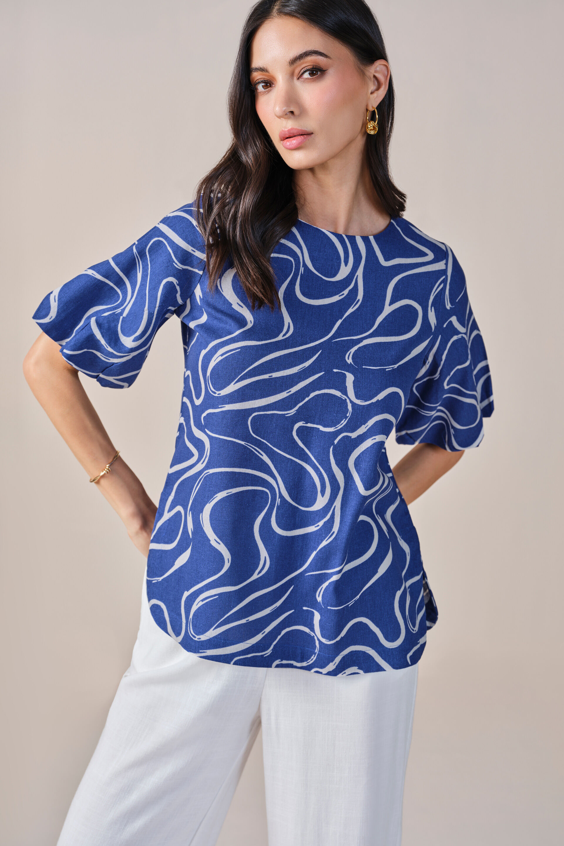Cobalt Swirl Viscose Linen Blend Top, Blue, image 7