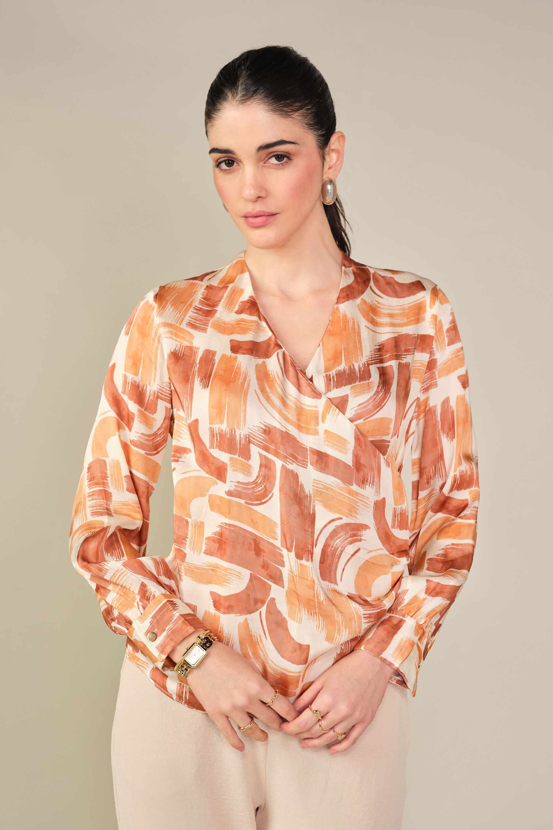 Abstract Printed Modal Top in Beige, Beige, image 1