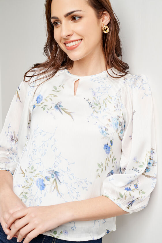 White Floral Pleated Top, White, image 1