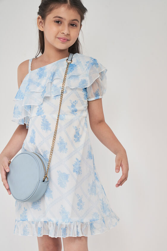 White and Blue Graphic Flounce Dress, White, image 2