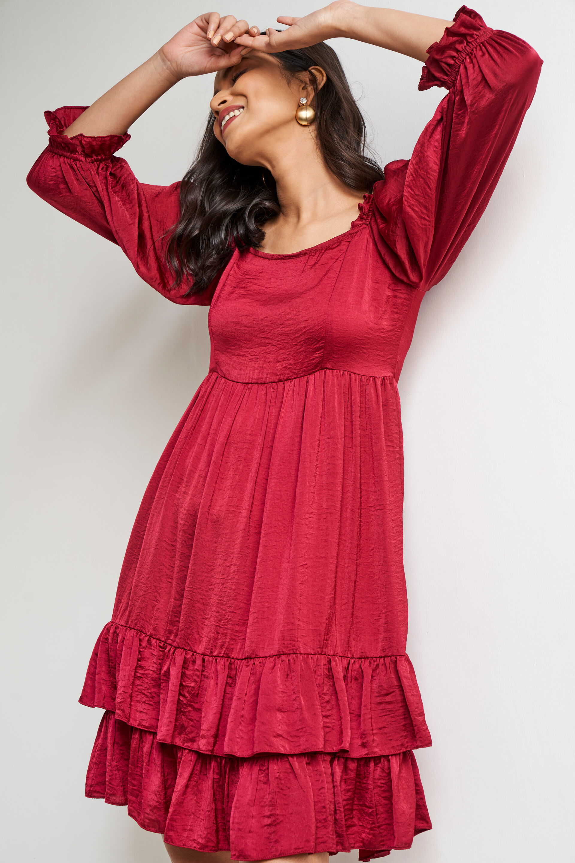 Dark Red Solid Flounce Dress, Red, image 1