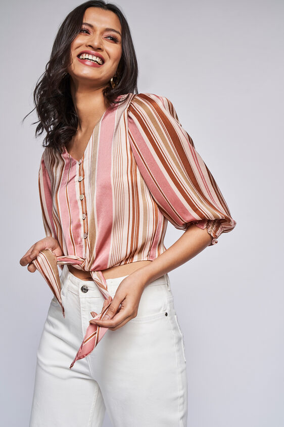Cream Stripes Curved Top, Cream, image 1