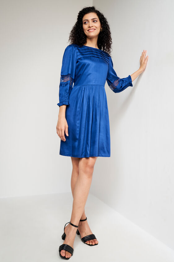 Blue Solid Knee Length Dress, Blue, image 4