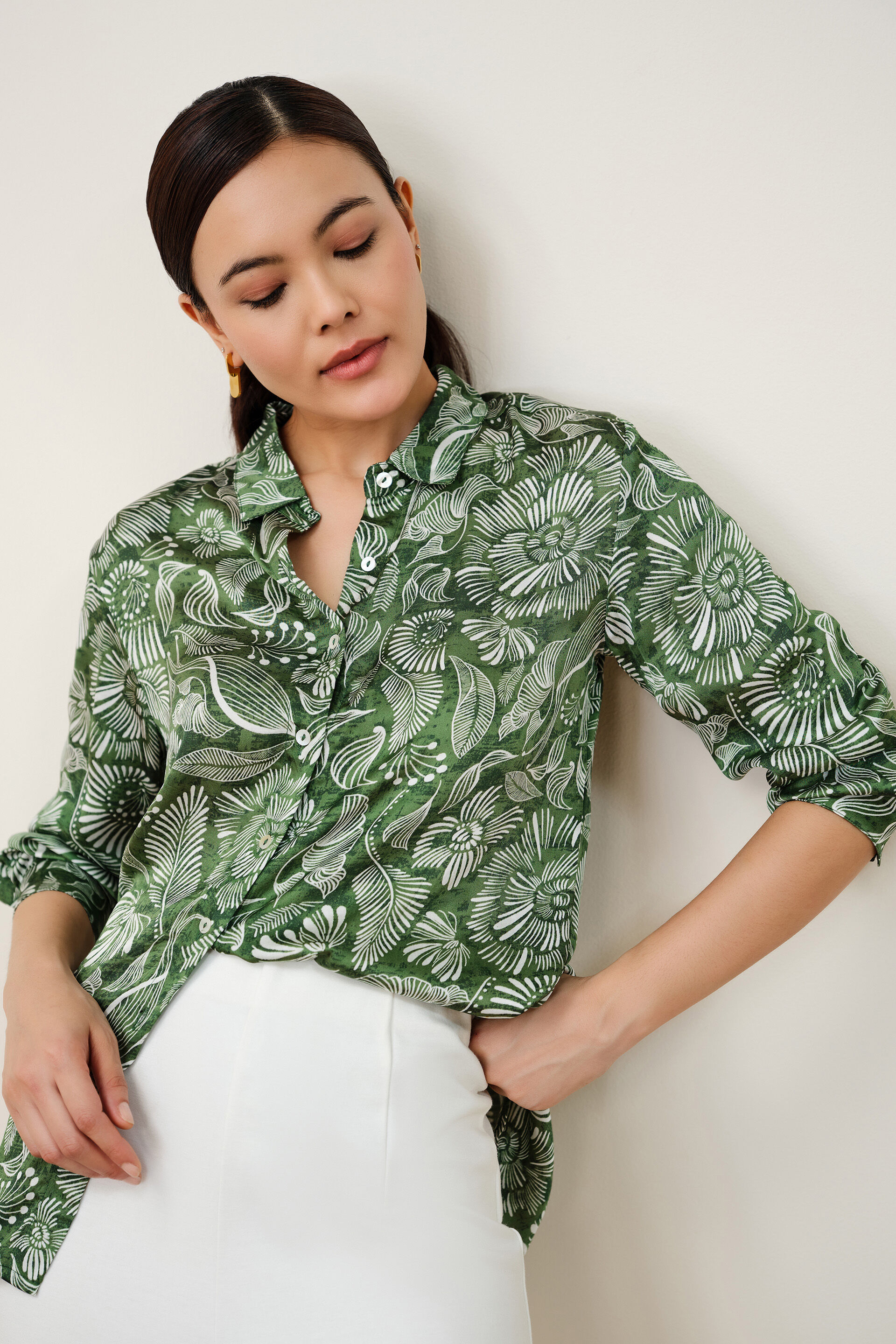 Modal Green Satin Floral Shirt, Green, image 1