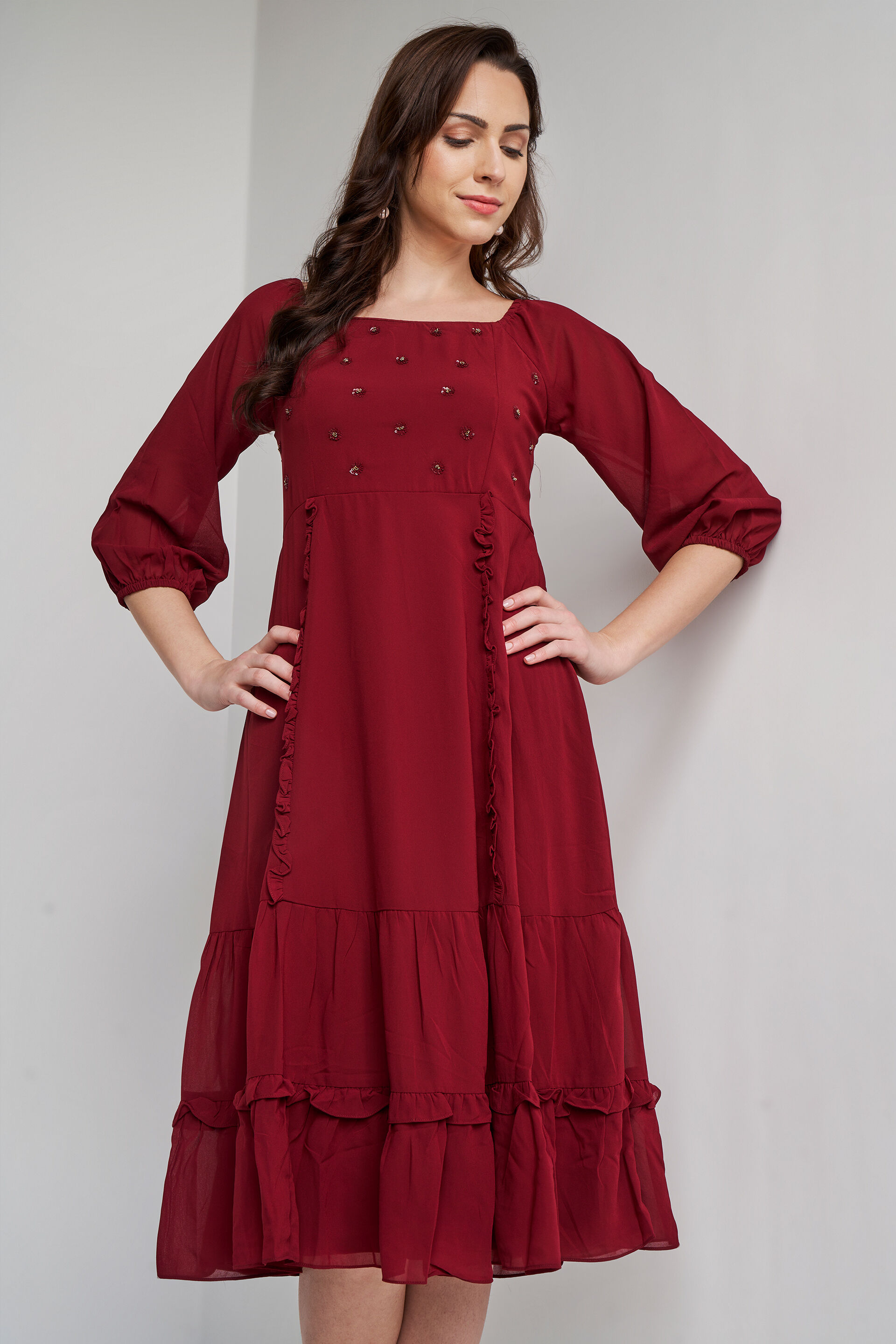 Maroon Solid Flared Dress, Maroon, image 3