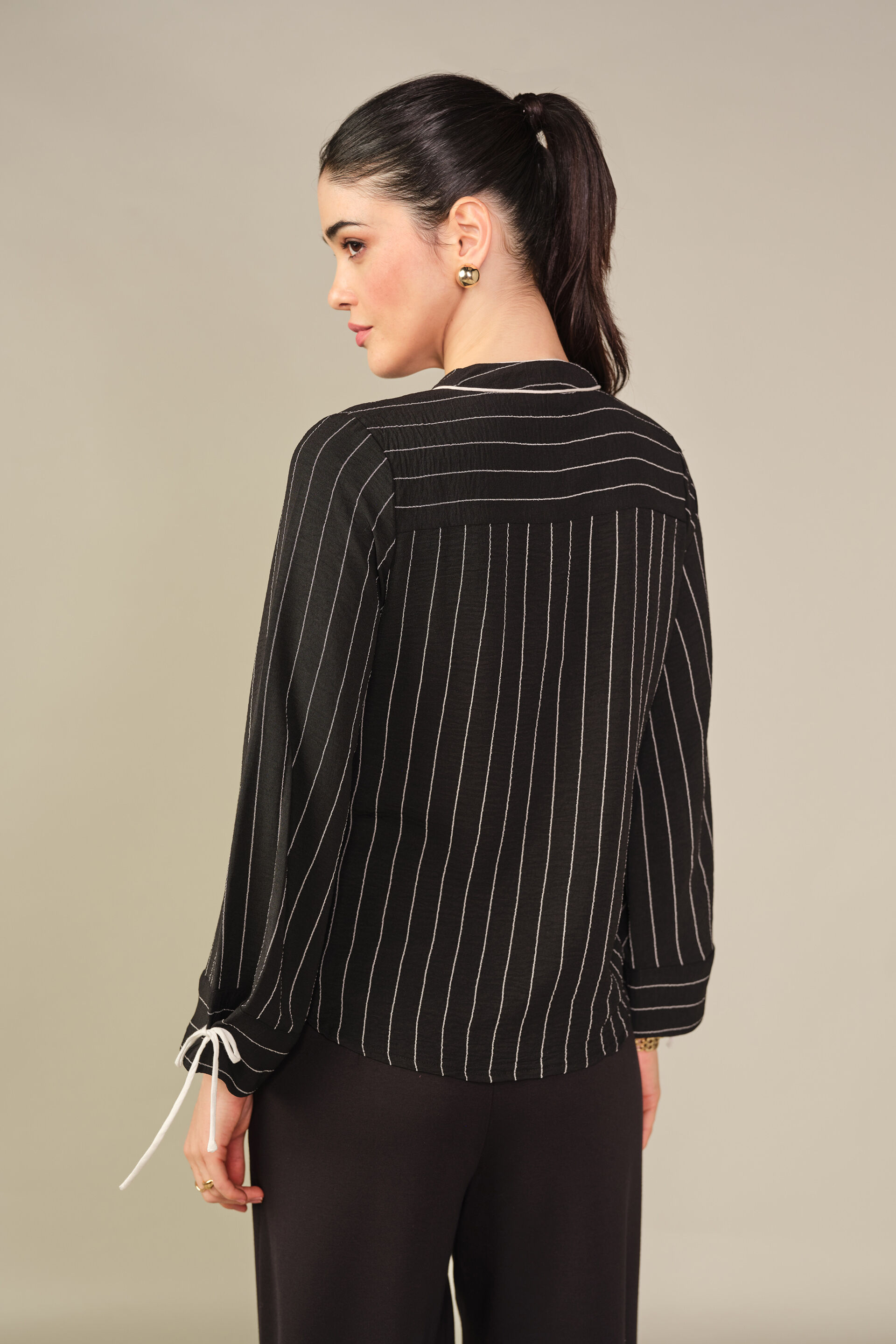 Striped Billowy Sleeves Top in Black, Black, image 6