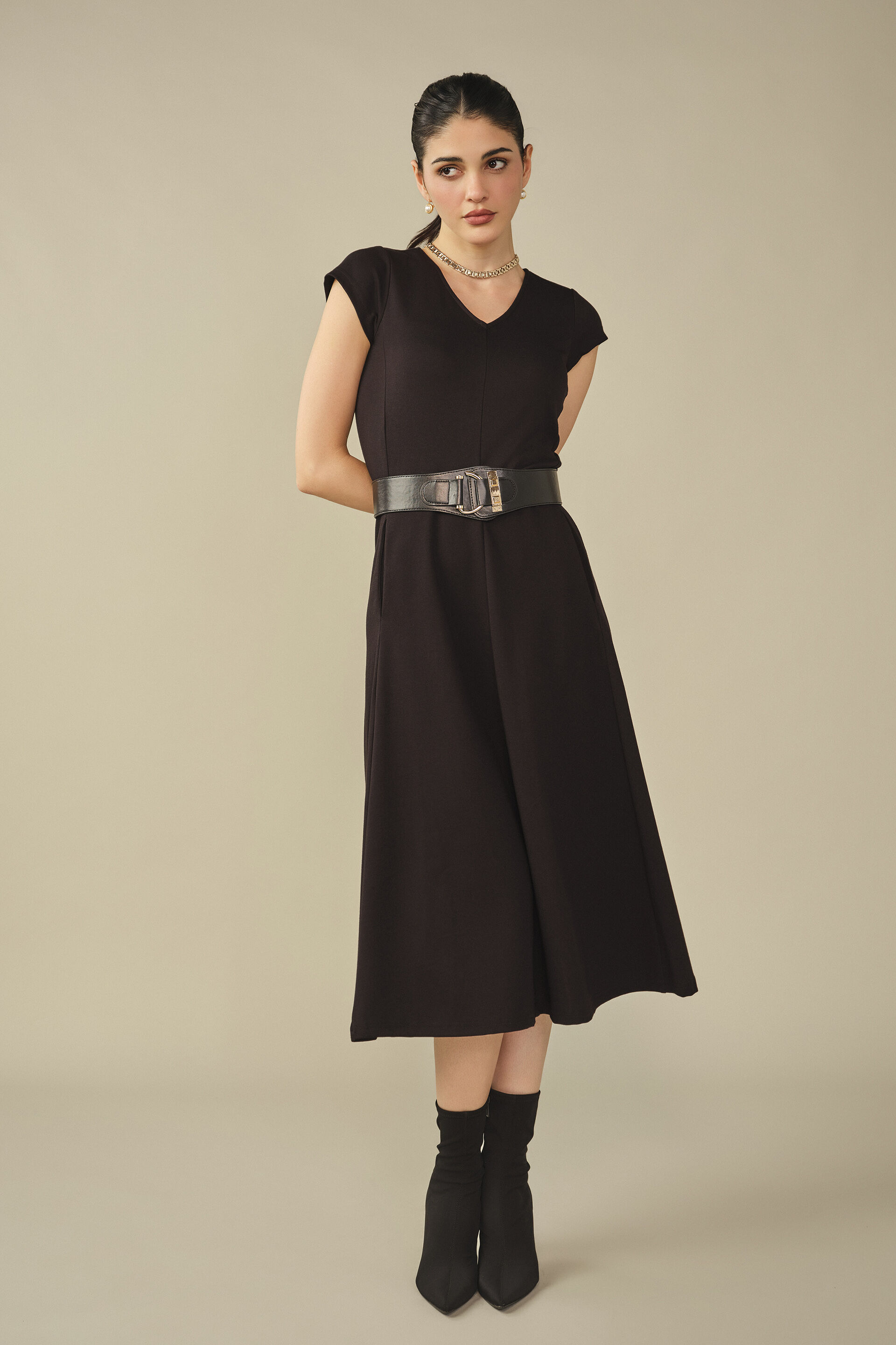 Solid Fit & Flare Midi Dress in Black, Black, image 4