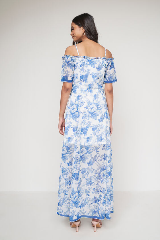 Blue and White Floral Flared Gown, Blue, image 2