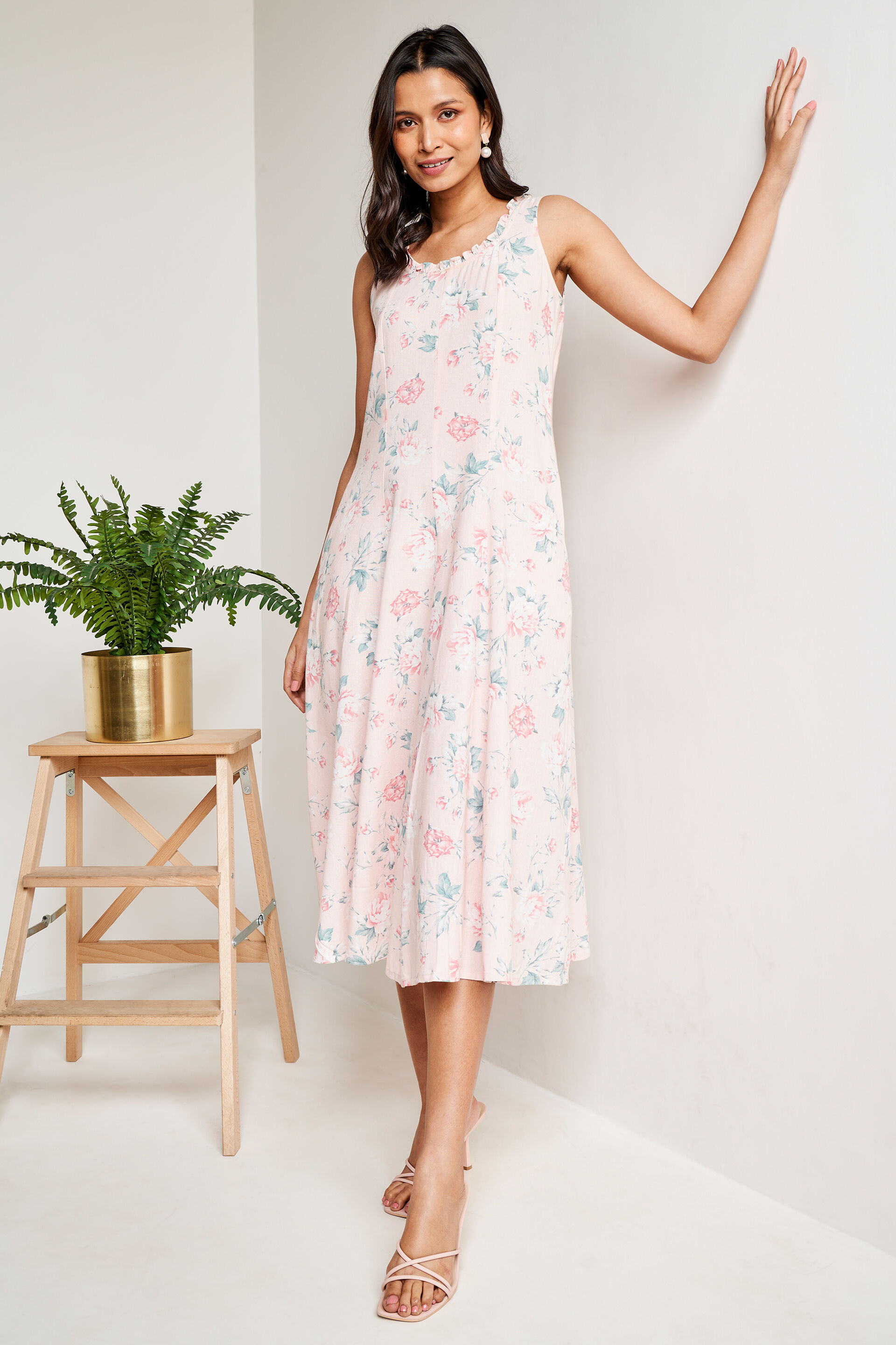 Peach Floral Flared Dress, Peach, image 1