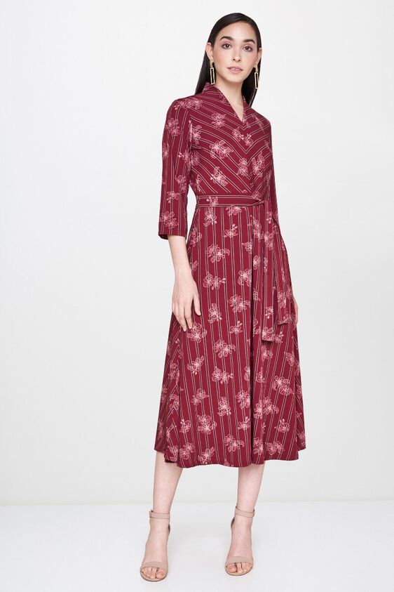 1 - Wine Floral Tie-Ups V-Neck Fit and Flare Midi Dress, image 1