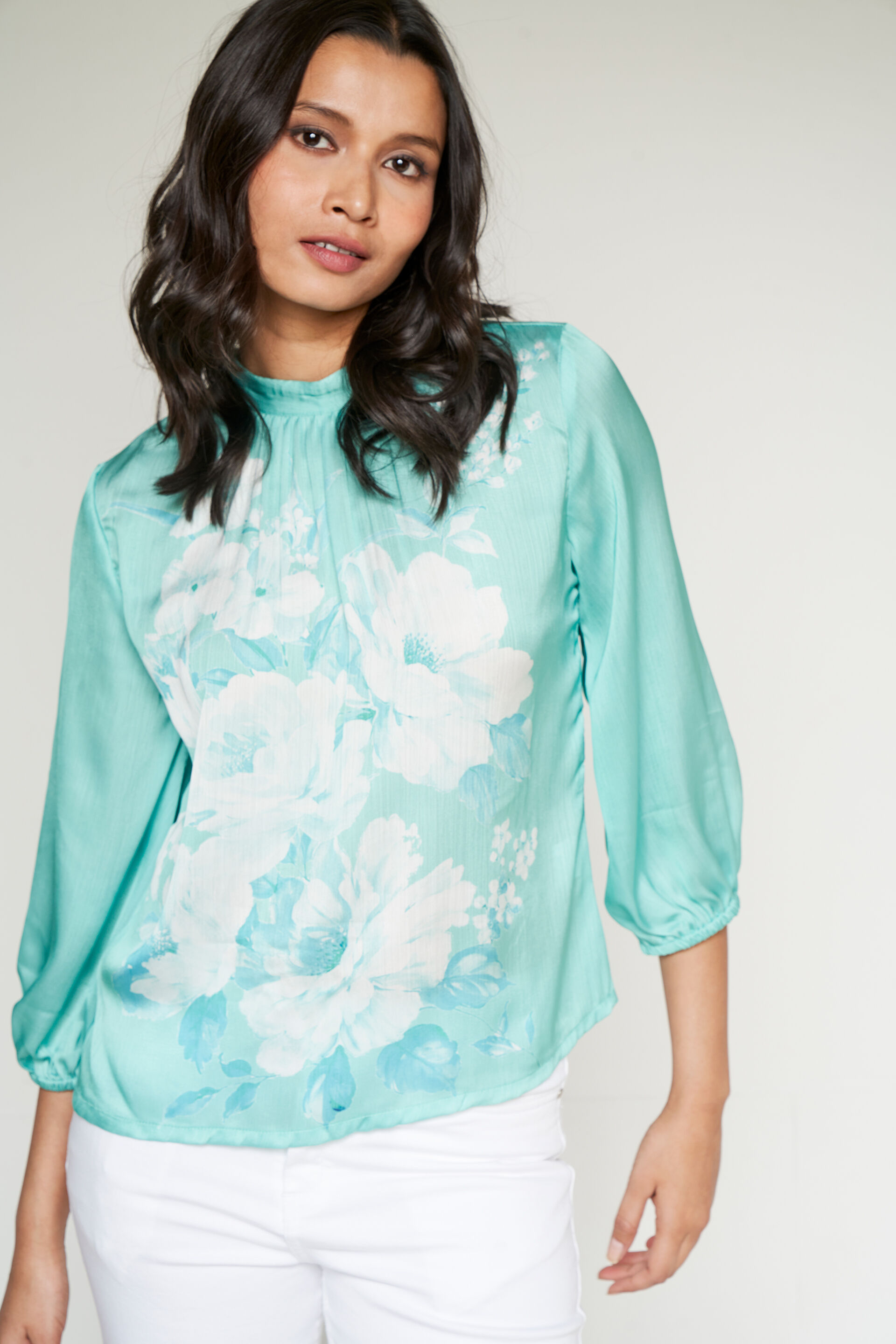 Mint Floral Satin Top, Mint, image 1