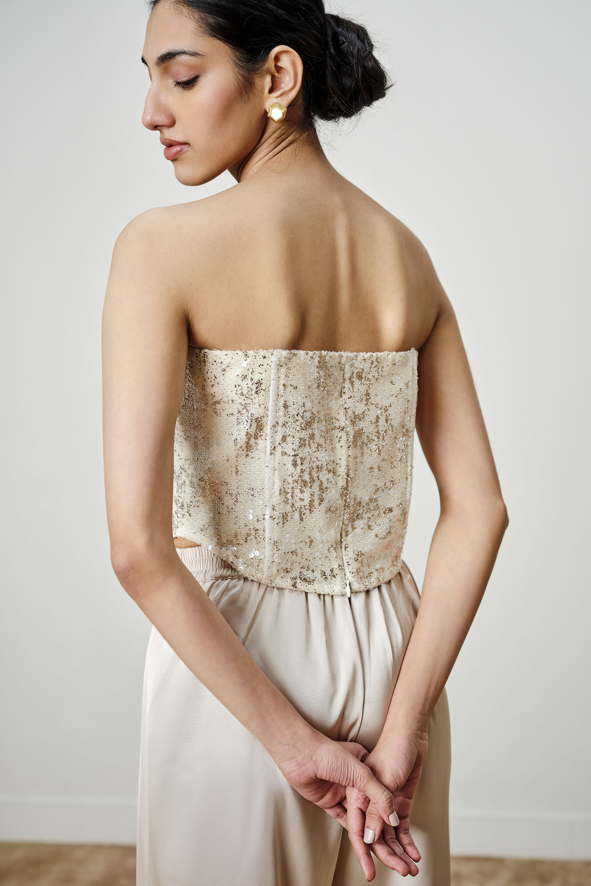 Pearl Sequined Mesh Corset, Beige, image 6