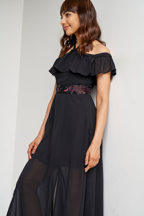 Black Solid Flared Gown, Black, image 3