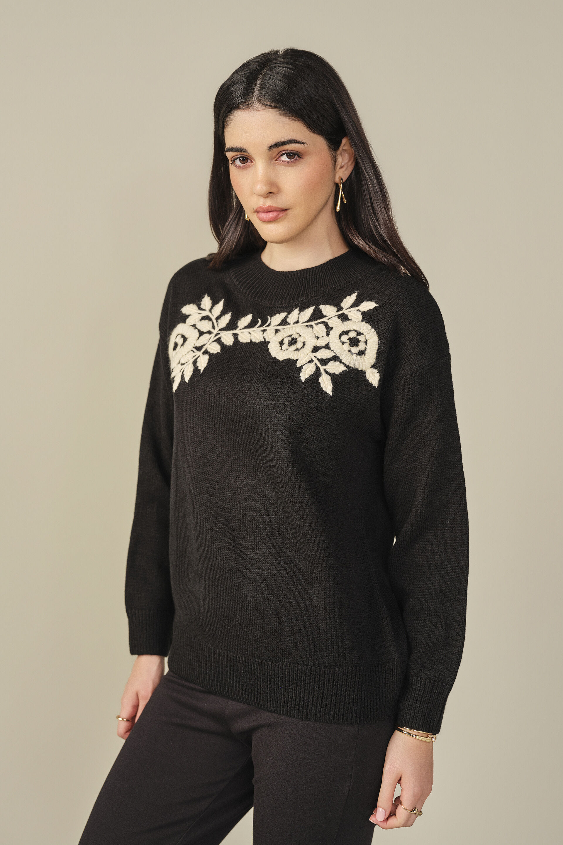 Embroidered Knit Top in Black, Black, image 3