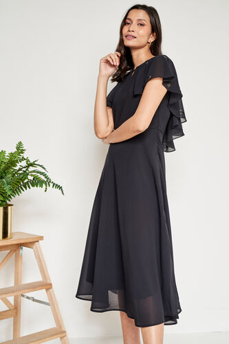Black Solid Flared Dress, Black, image 1