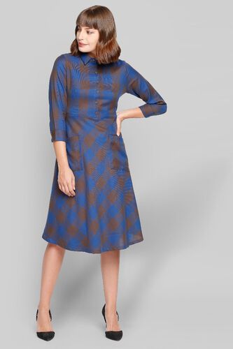 3 - Brown - Blue Checks Fit and Flare Knee Length Dress, image 3
