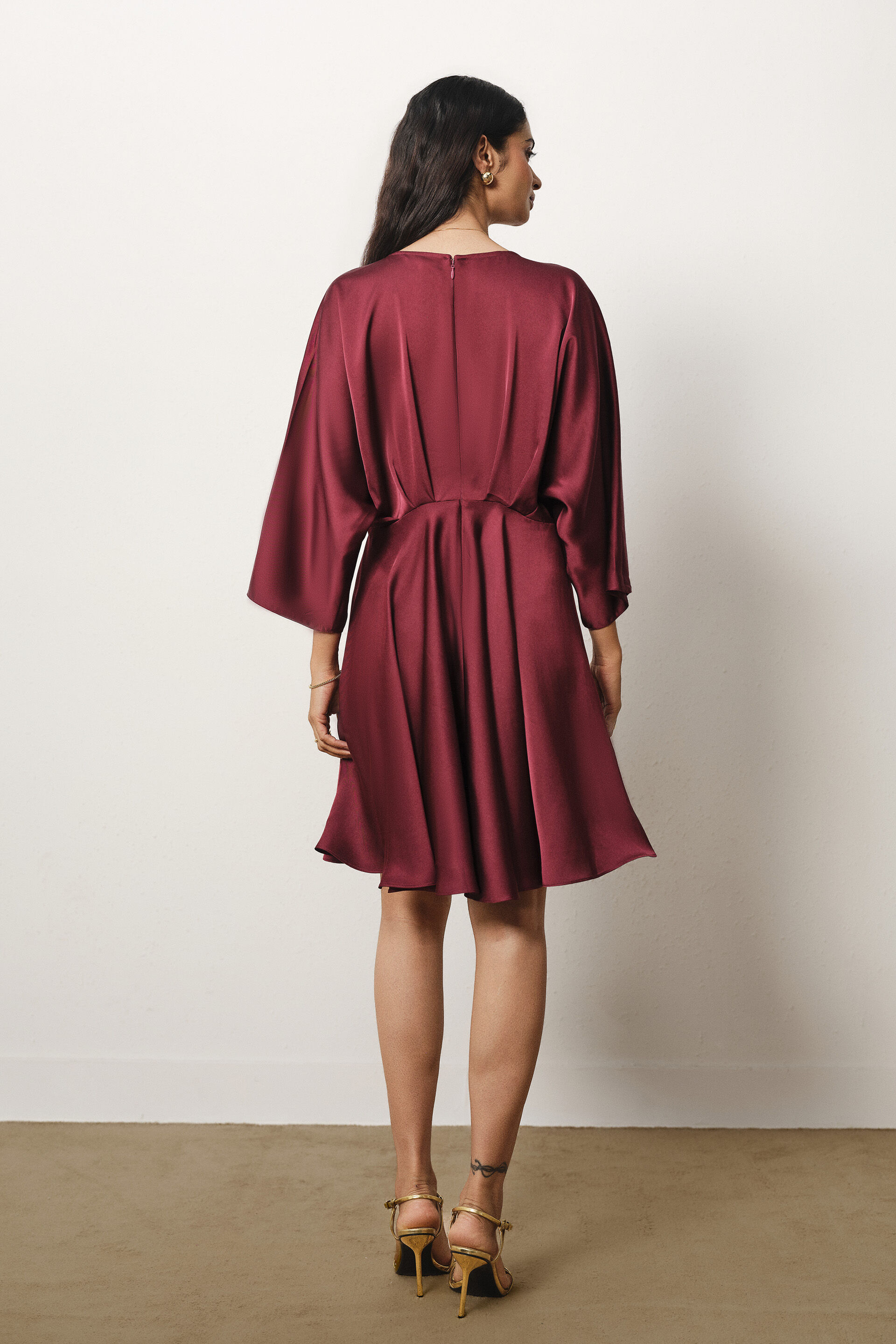 Flutter Sleeves Satin Dress in Wine, Wine, image 6