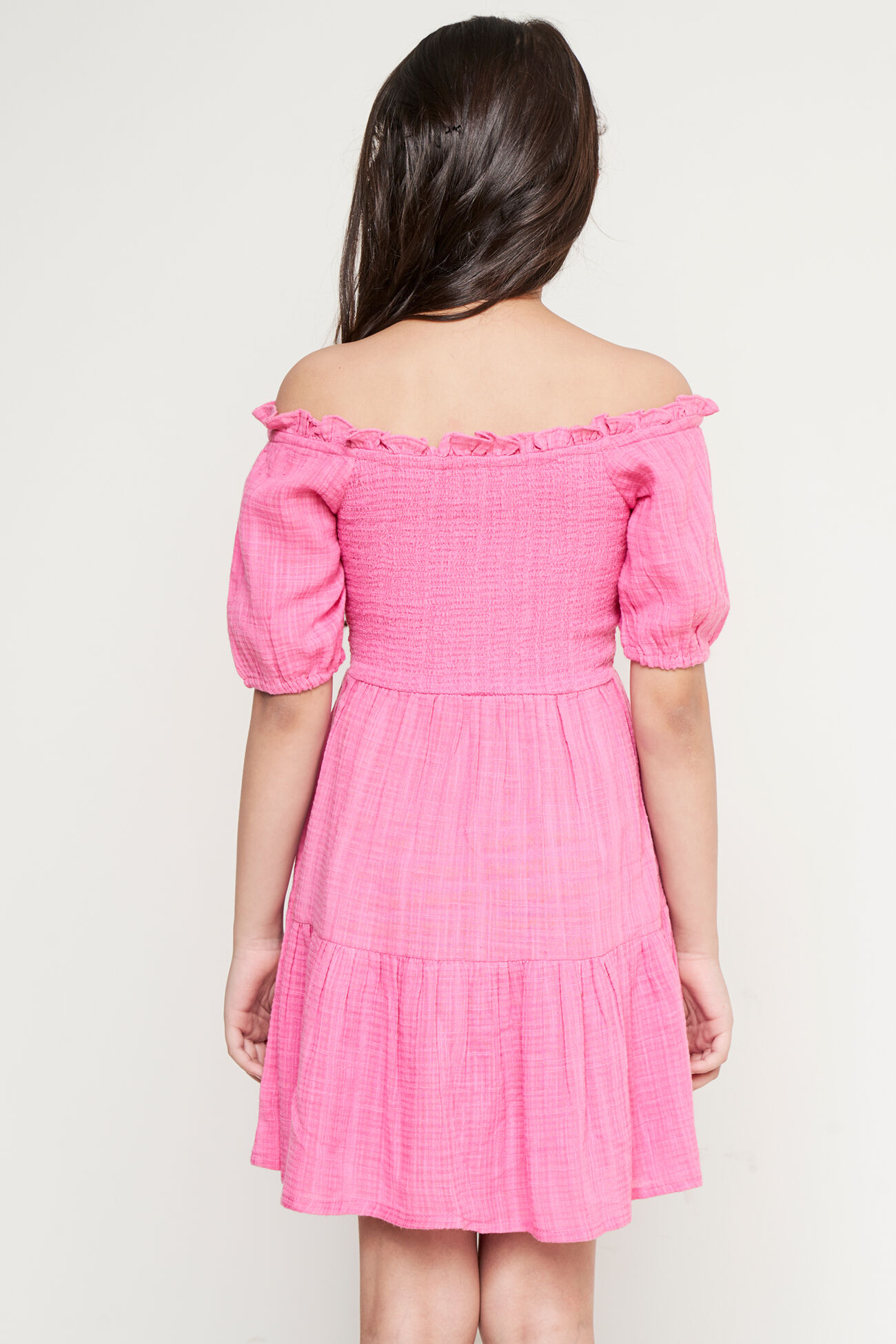 Pink Solid Gathered Flared Dress, Pink, image 4