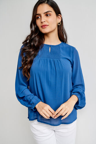 Blue Solid Round Neck Top, Blue, image 3