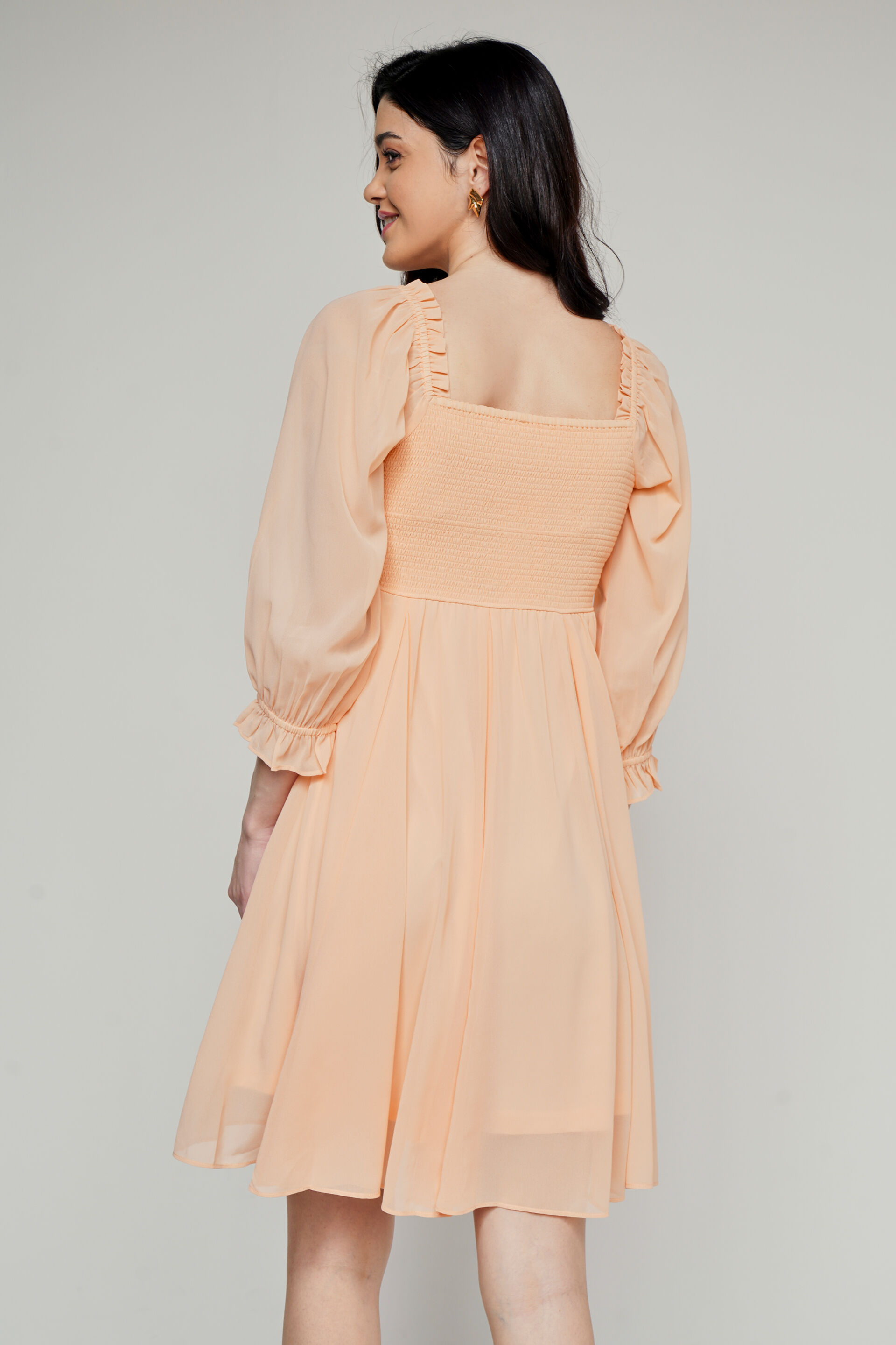 Peach Solid Flared Dress, Peach, image 5