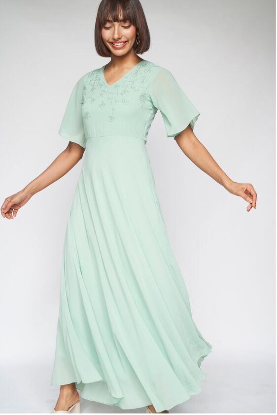 1 - Sage Green Solid Fit and Flare Gown, image 1
