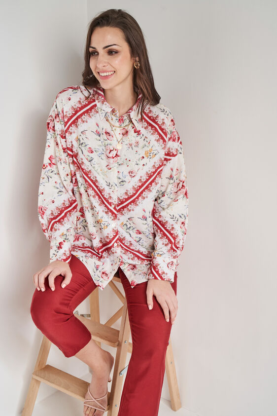 Red and White Floral Asymmetric Top, Red, image 1