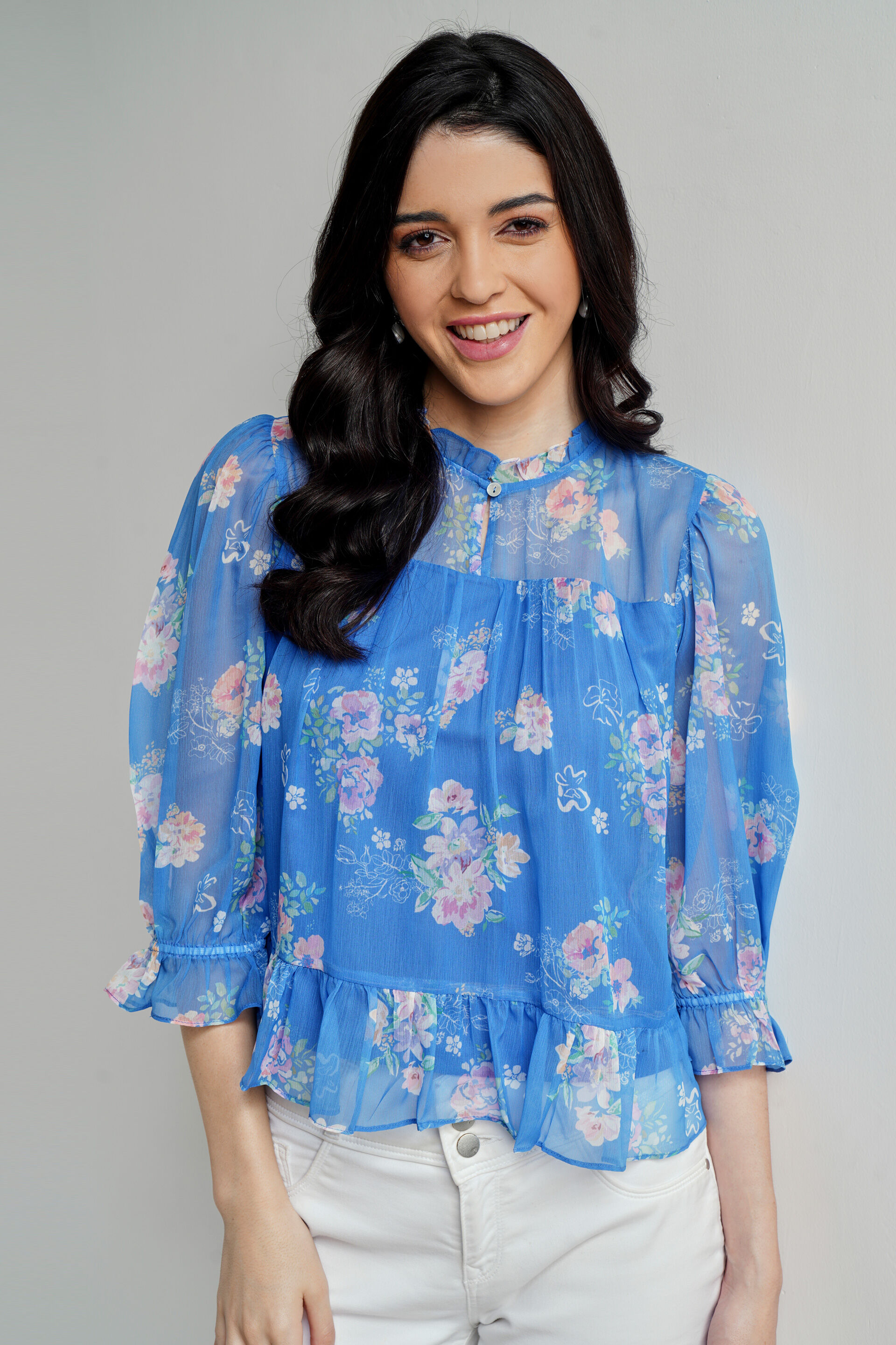 Blue Floral Flared Top, Blue, image 3