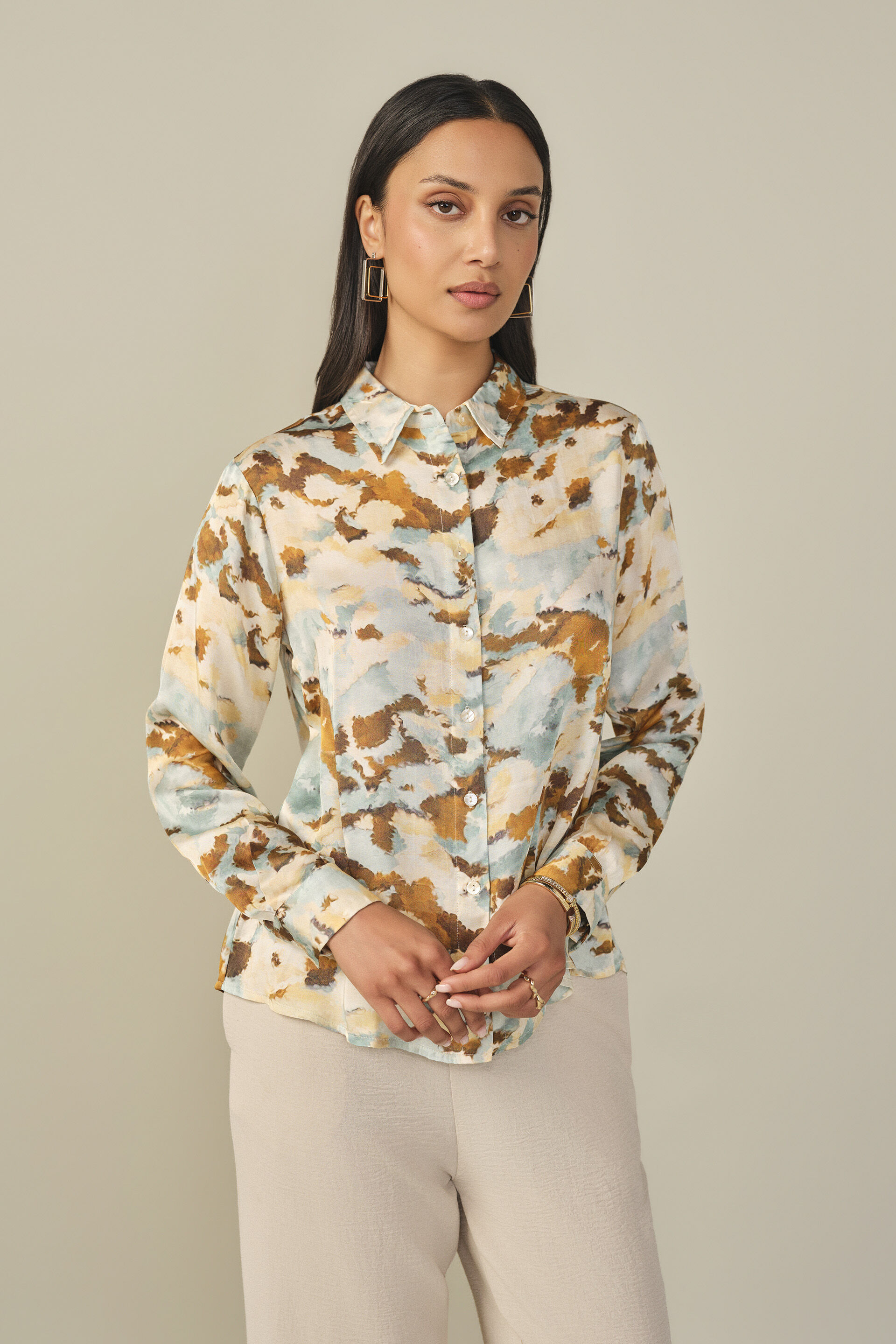 Abstract Printed Satin Shirt, Blue, image 1