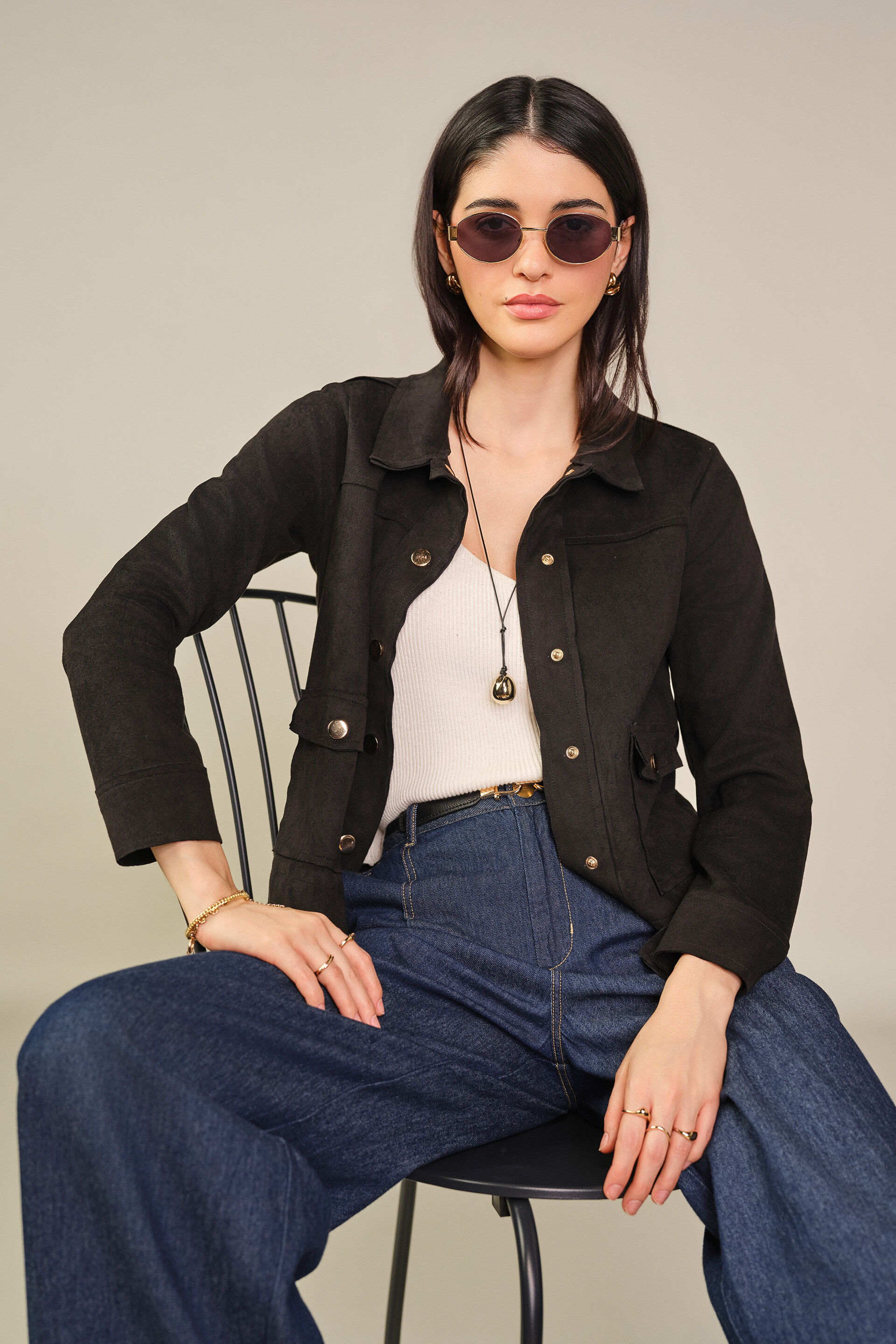 Solid Suede Jacket in Cream, Black, image 5