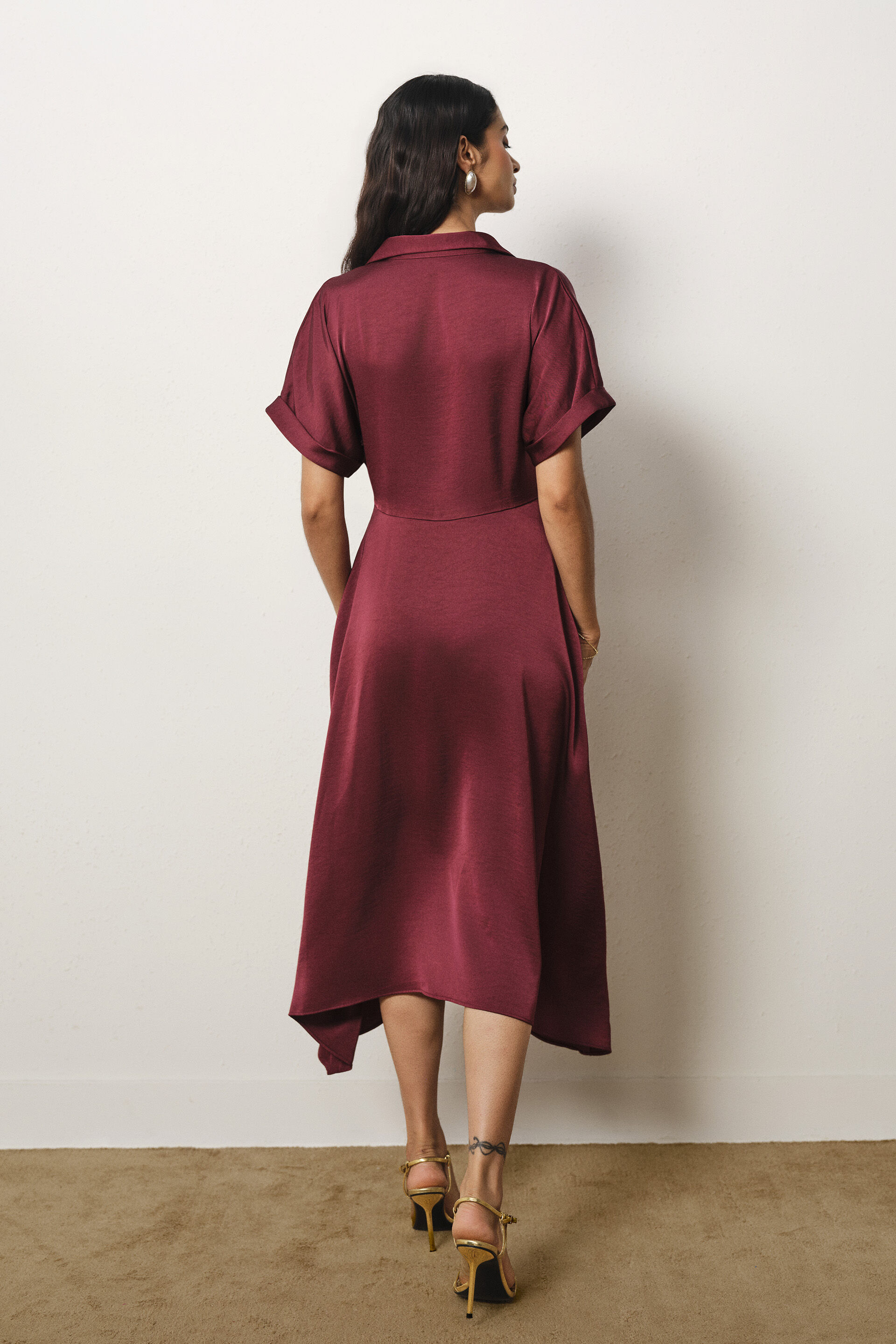 Asymmetric Satin Dress in Wine, Maroon, image 6