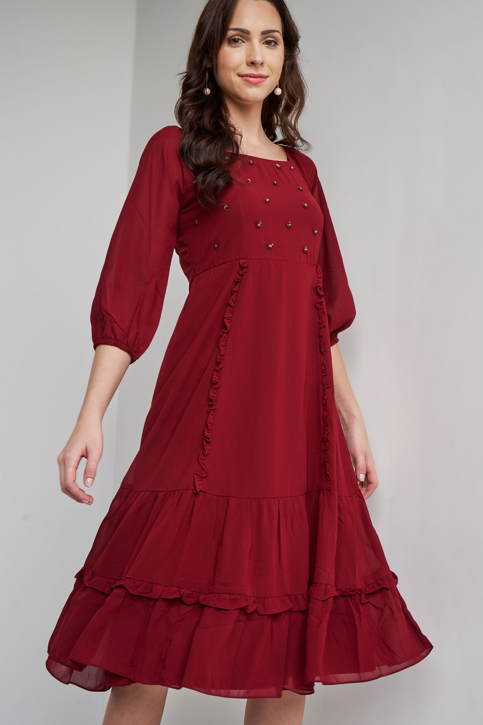 Maroon Solid Flared Dress, Maroon, image 5