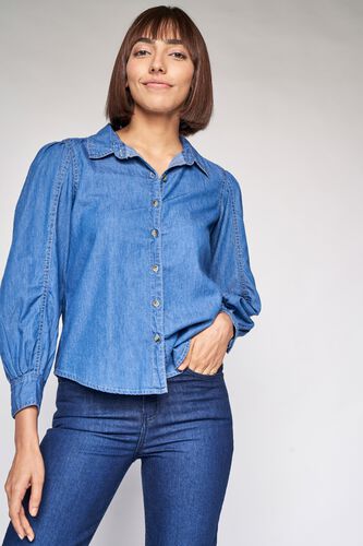 1 - Medium Blue Self Design Shirt Style Top, image 1