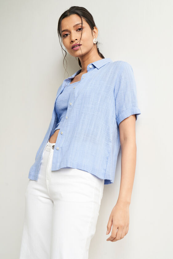 Blue Solid Short Sleeves Suit, Blue, image 2
