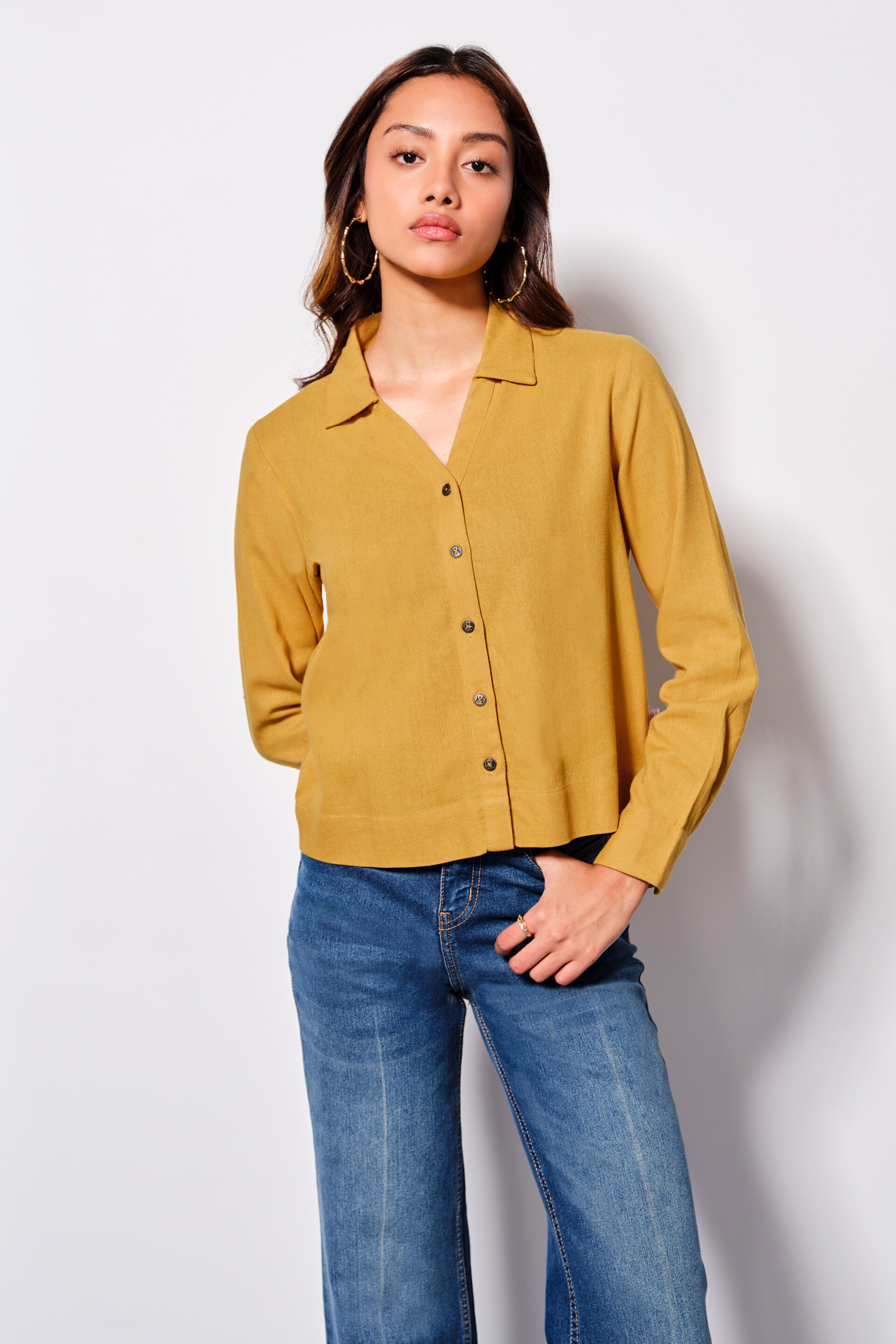 Mellow Yellow Viscose Blend Cropped Shirt, Yellow, image 1