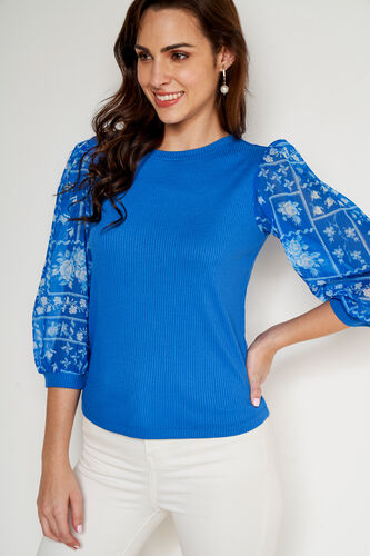 Blue Floral Knitted Top, Blue, image 1