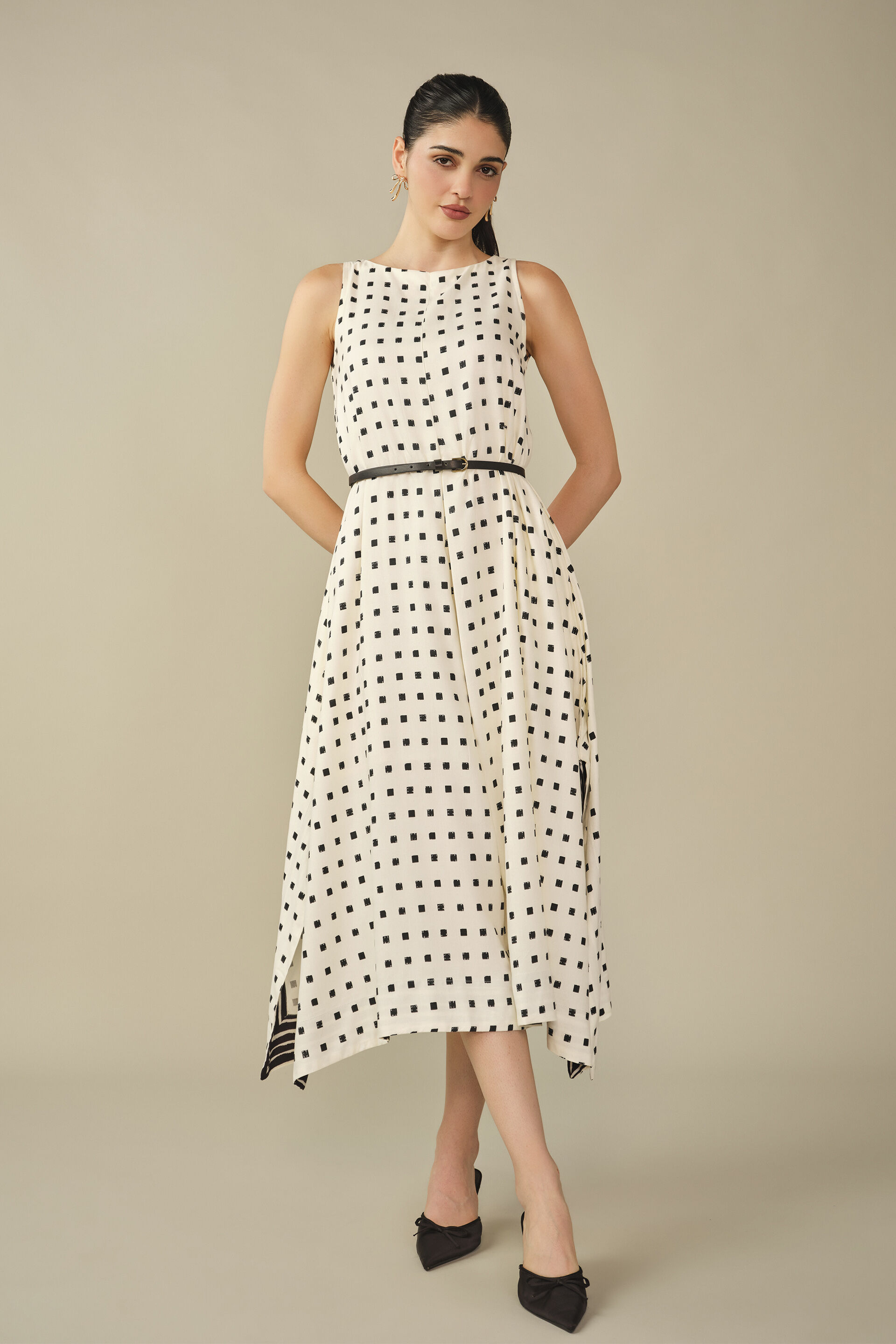 Fit & Flare Printed Midi Dress in White