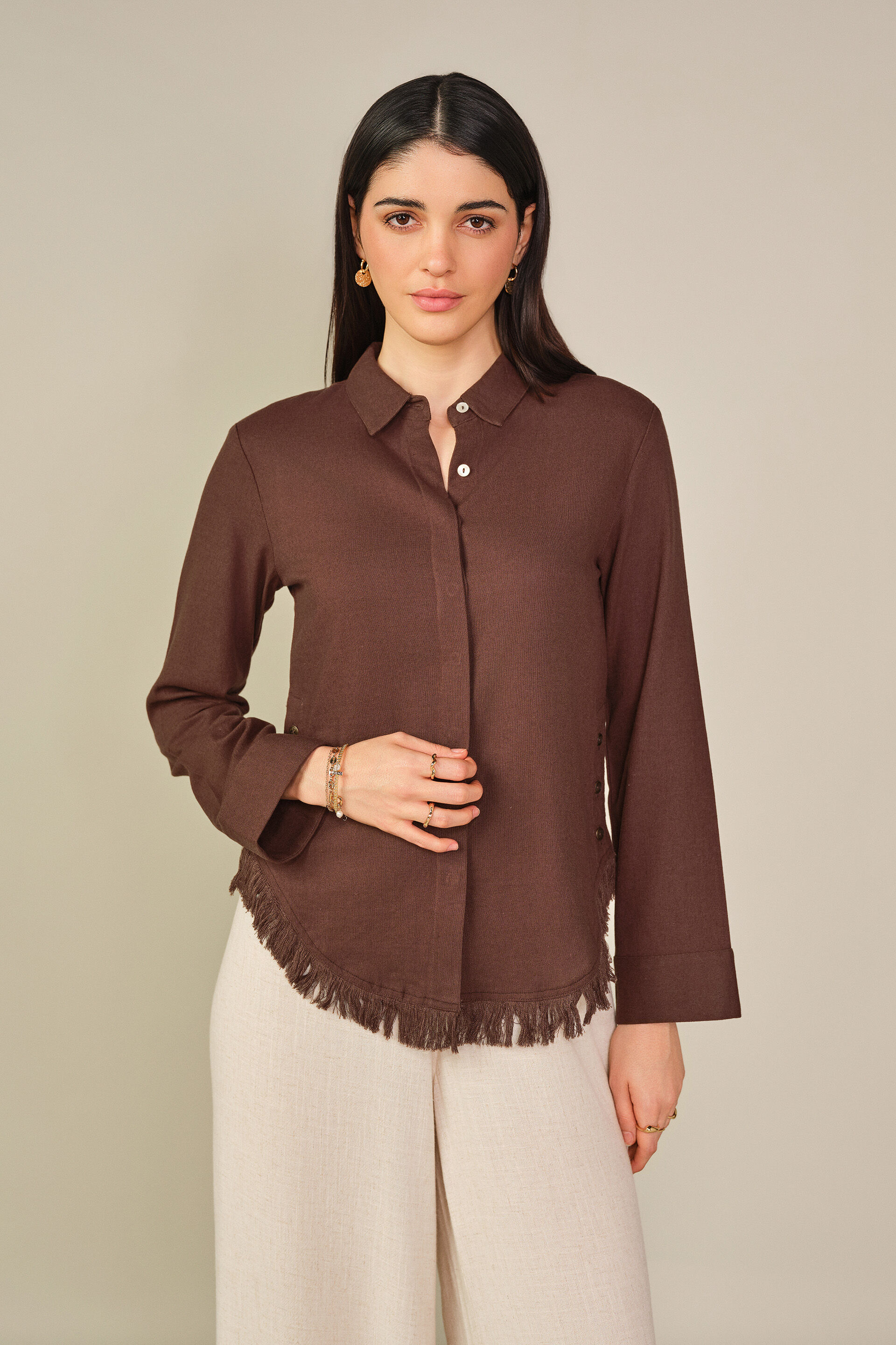 Solid Ruffle Detail Shirt in Brown