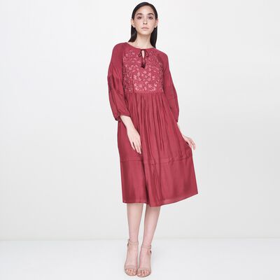 6 - Brown Embroidered Fit and Flare Dress, image 6