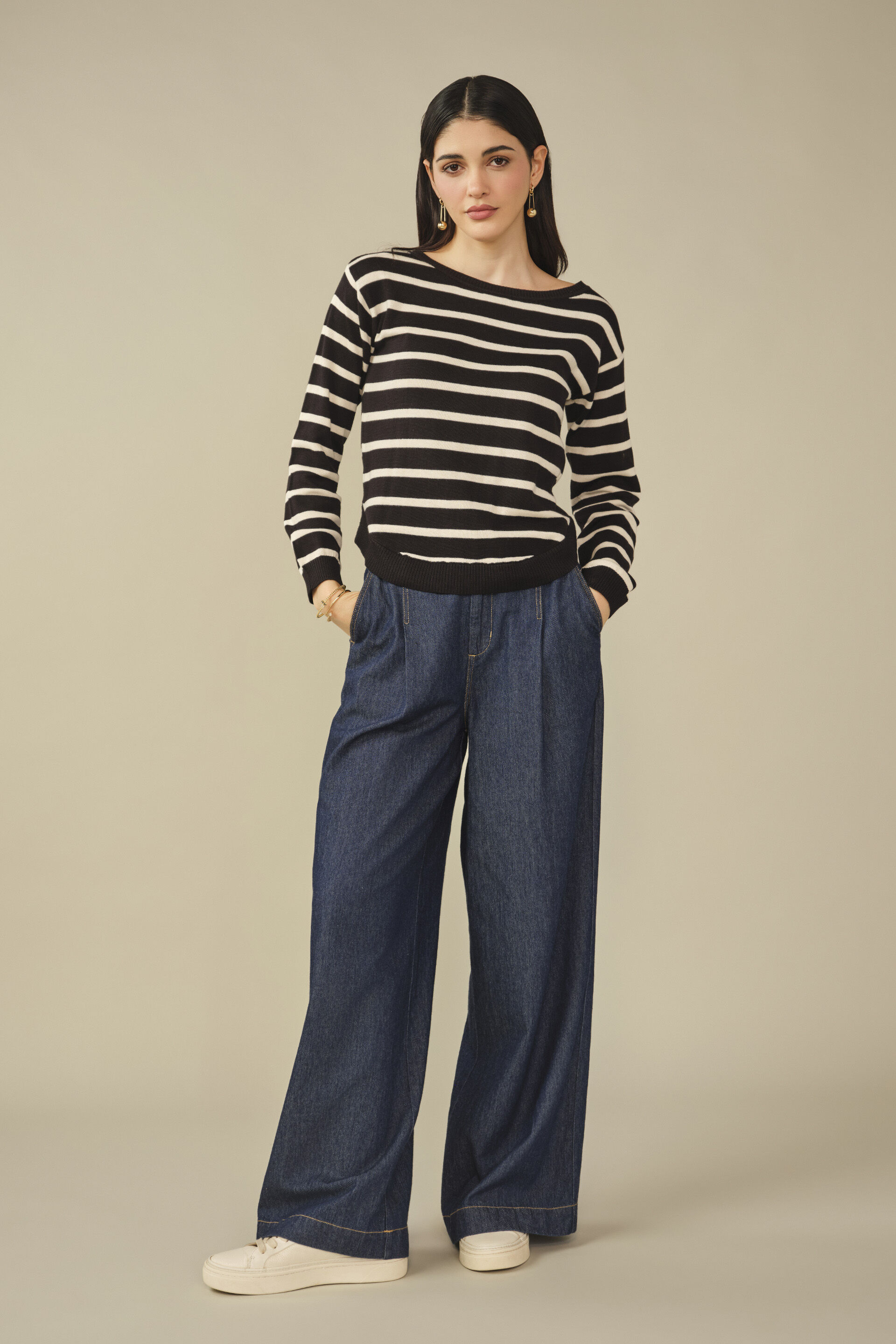 Striped Cotton Pullover in Black, Black, image 4