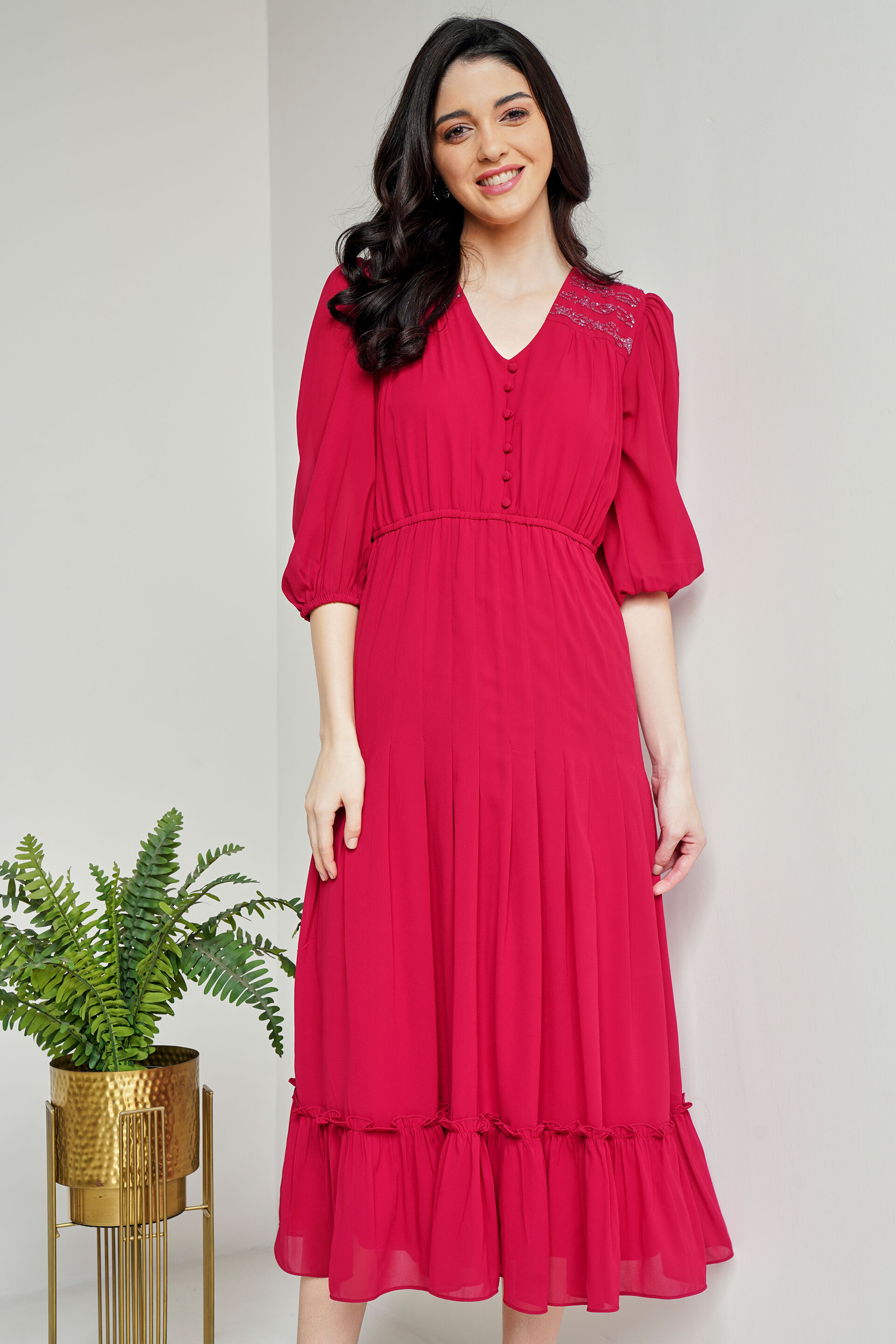 Maroon Solid Flared Dress, Maroon, image 2