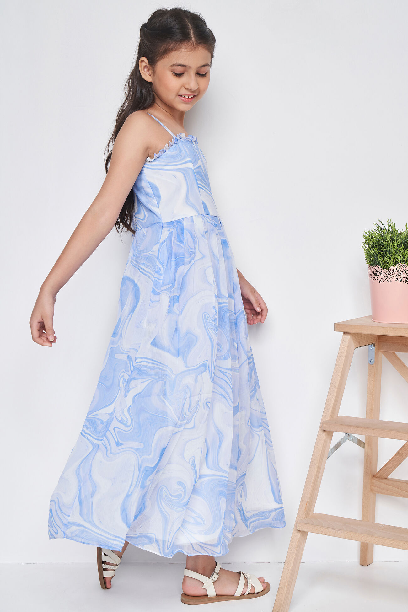 White and Blue Abstract Flared Gown, White, image 4