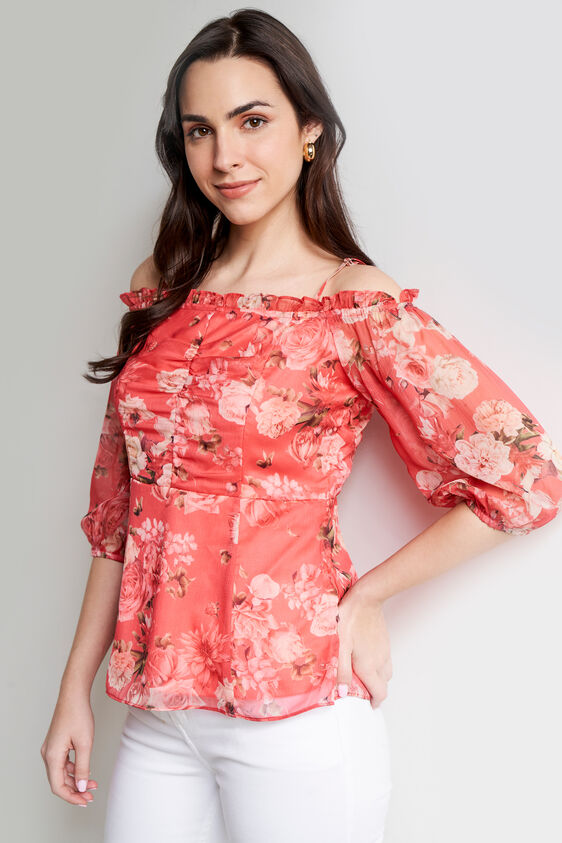 Coral Floral Peplum Top, Dark Pink, image 1