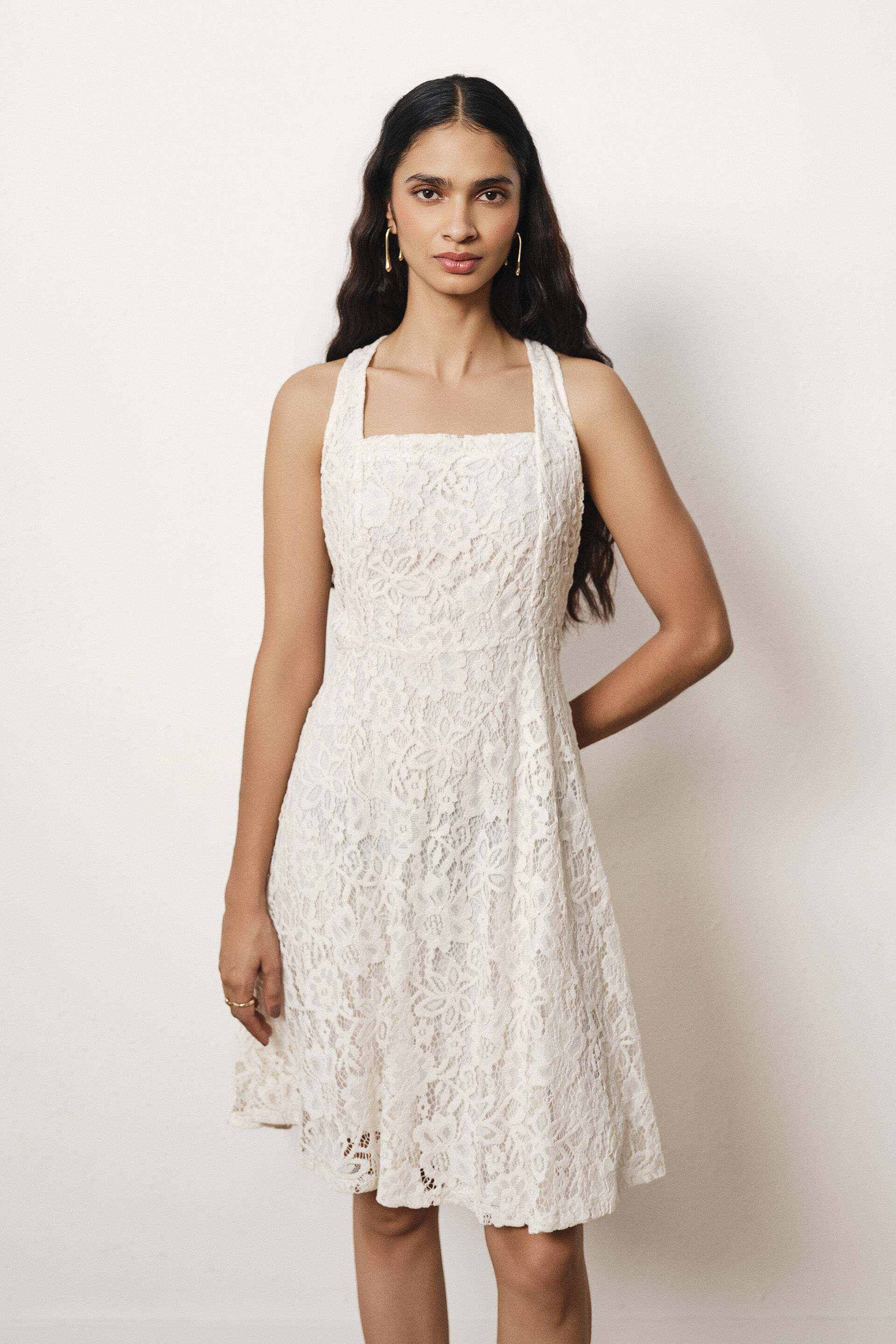 Halter Fit & Flare Dress in Ivory, Ivory, image 4